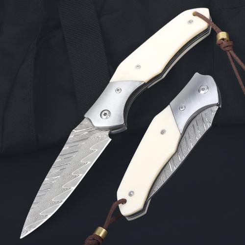Damascus bone handle folding knife