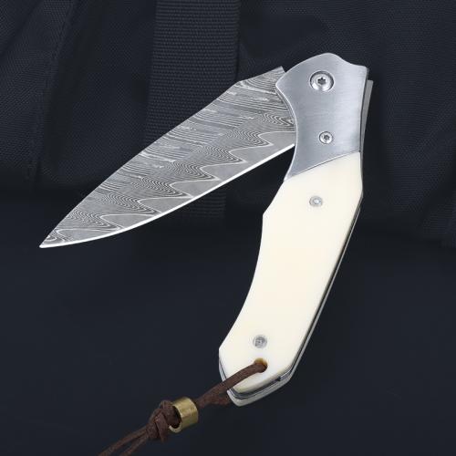 Damascus bone handle folding knife