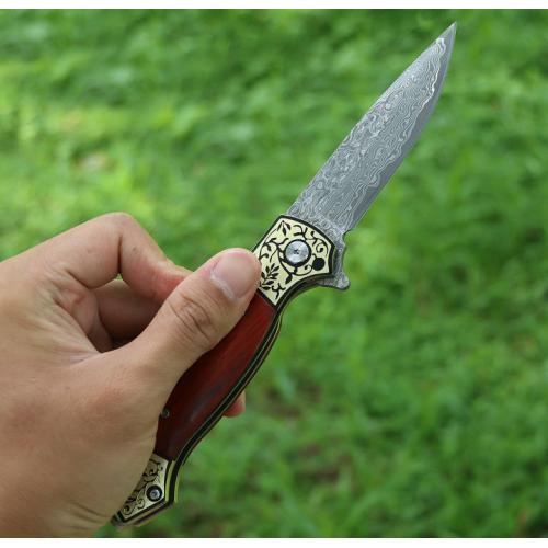 Double flowered Damascus folding knife (yellow sandalwood)