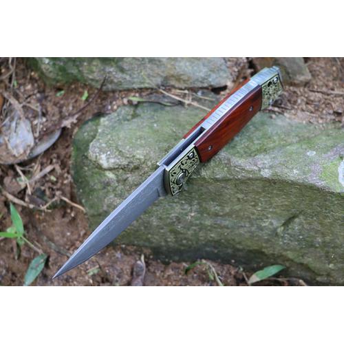 Double flowered Damascus folding knife (yellow sandalwood)