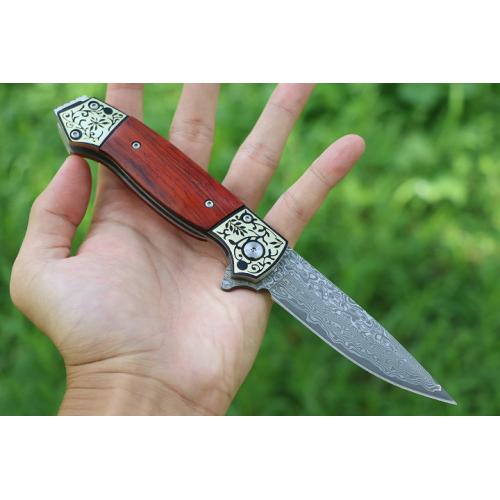 Double flowered Damascus folding knife (yellow sandalwood)