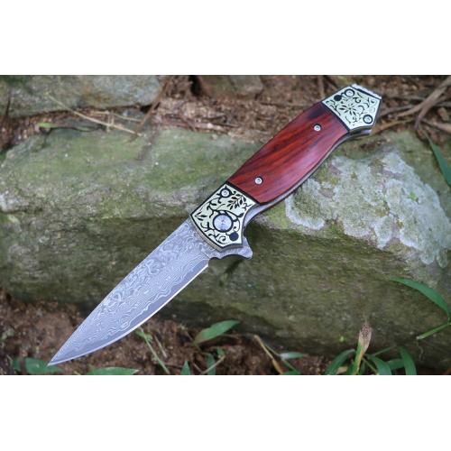 Double flowered Damascus folding knife (yellow sandalwood)