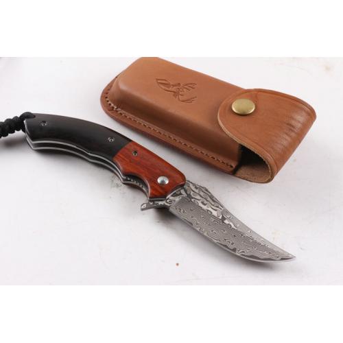 Wild Deer Damascus Folding Knife (Wooden Handle)