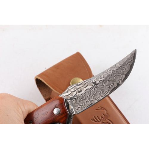 Wild Deer Damascus Folding Knife (Wooden Handle)