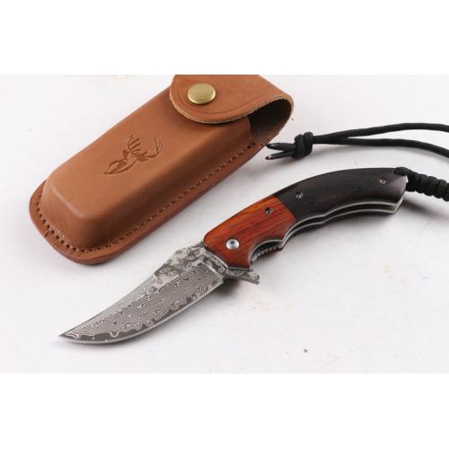 Wild Deer Damascus Folding Knife (Wooden Handle)