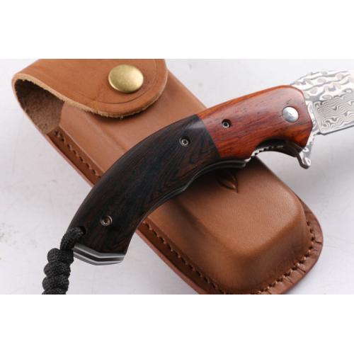 Wild Deer Damascus Folding Knife (Wooden Handle)