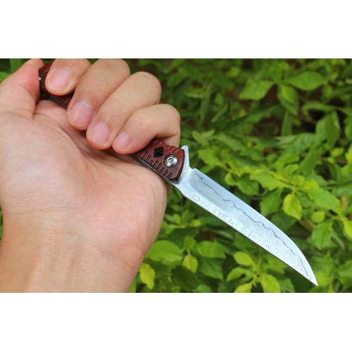 Red sandalwood particles Damascus quick opening bearing folding knife