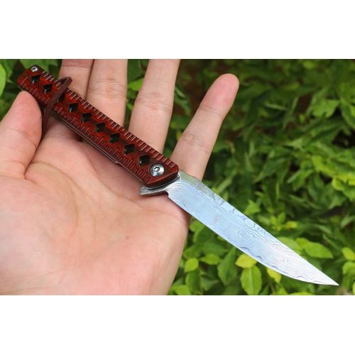 Red sandalwood particles Damascus quick opening bearing folding knife