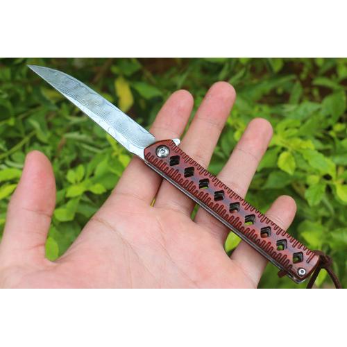 Red sandalwood particles Damascus quick opening bearing folding knife