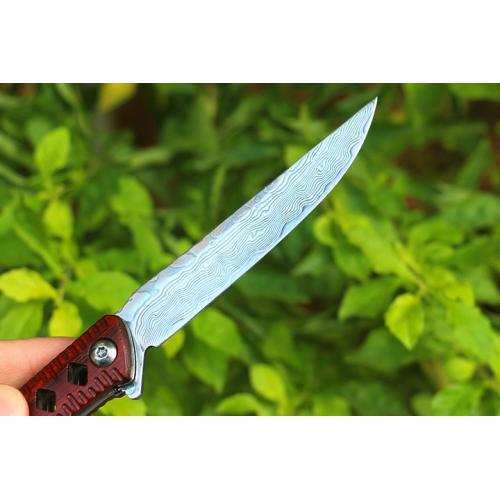Red sandalwood particles Damascus quick opening bearing folding knife