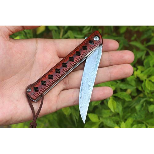 Red sandalwood particles Damascus quick opening bearing folding knife