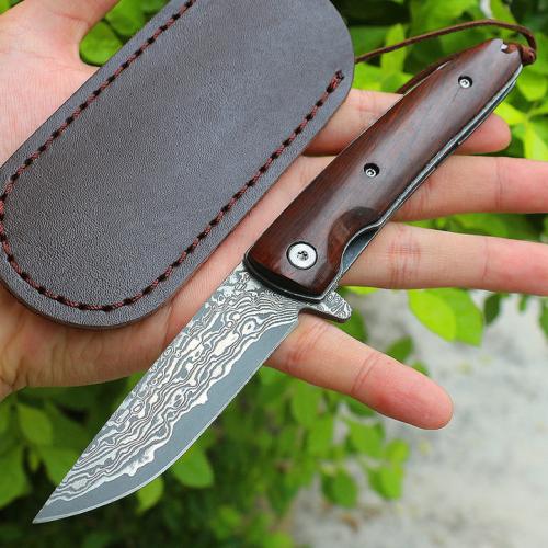 Military Soul Damascus Folding Knife (Comes with Leather Case)