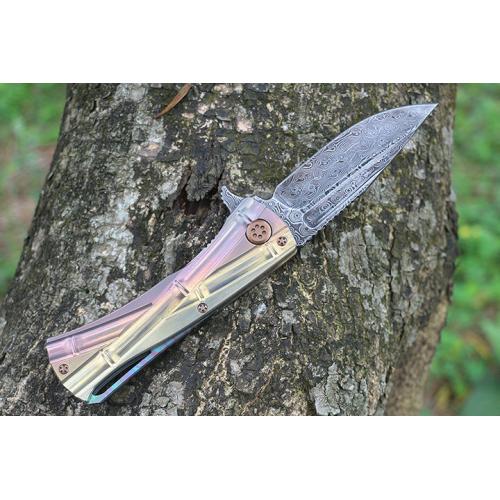 Micro Tech Colorful Bamboo Knot Titanium Handle Knife (Damascus, USA) (1)