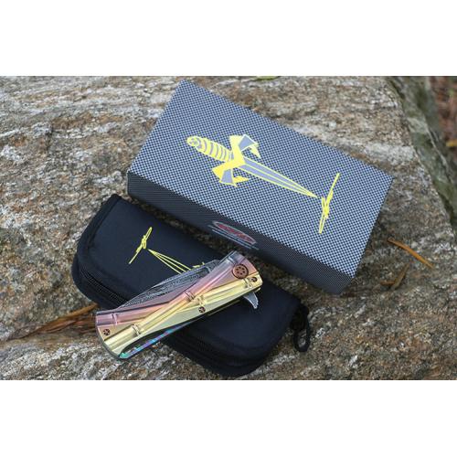 Micro Tech Colorful Bamboo Knot Titanium Handle Knife (Damascus, USA) (1)