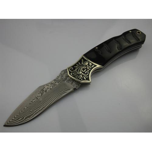 Single Flower No.1- Bull Horn Handle Damascus Collection Folding Knife