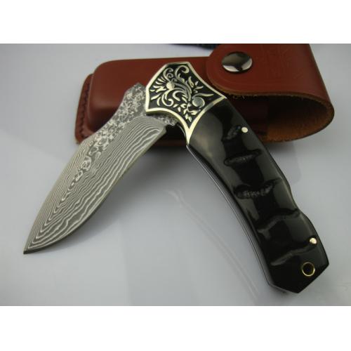 Single Flower No.1- Bull Horn Handle Damascus Collection Folding Knife