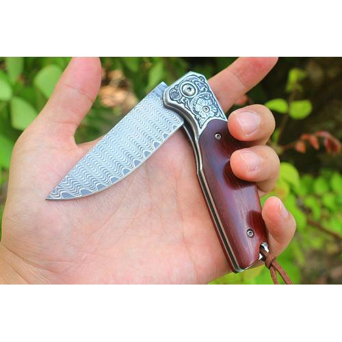 Free Wolf Wave Pattern Quick Opening Folding Knife (Damascus Steel)